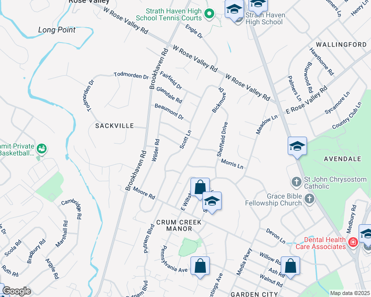 map of restaurants, bars, coffee shops, grocery stores, and more near 504 Scott Lane in Delaware County