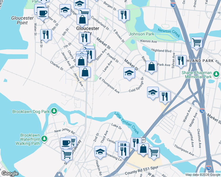 map of restaurants, bars, coffee shops, grocery stores, and more near 22 East Thompson Avenue in Gloucester City
