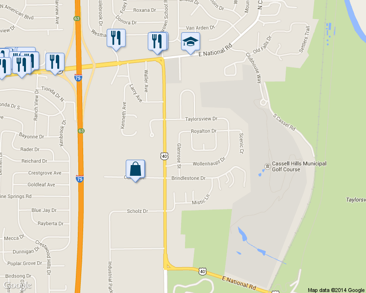 map of restaurants, bars, coffee shops, grocery stores, and more near 420 Glenrose Street in Vandalia