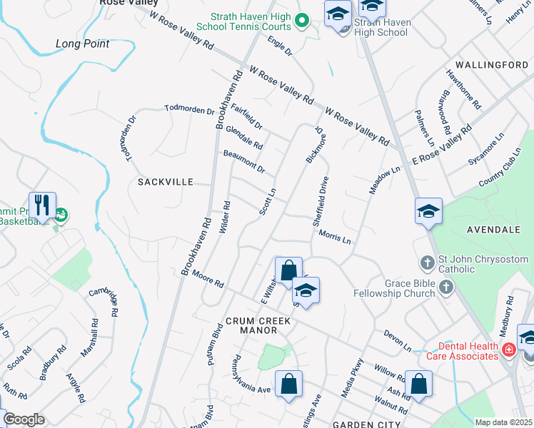 map of restaurants, bars, coffee shops, grocery stores, and more near 504 Scott Lane in Delaware County