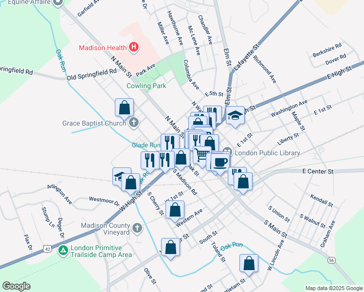 map of restaurants, bars, coffee shops, grocery stores, and more near 1 N Main St in London
