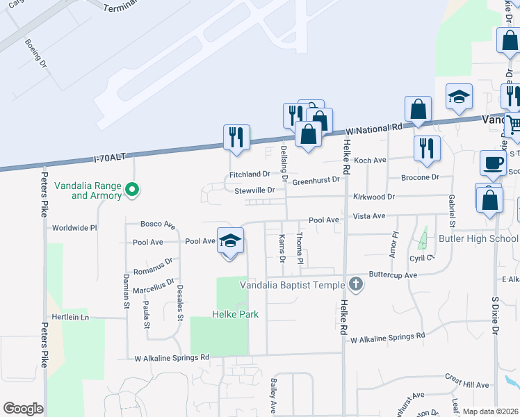 map of restaurants, bars, coffee shops, grocery stores, and more near 870 Continental Court in Vandalia