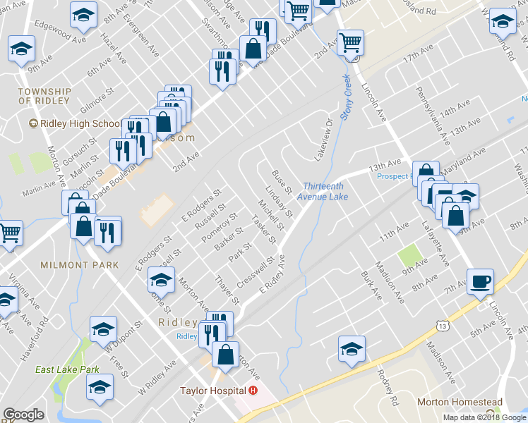 map of restaurants, bars, coffee shops, grocery stores, and more near 402 Michell Street in Ridley Park