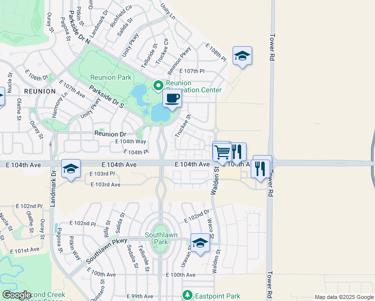 map of restaurants, bars, coffee shops, grocery stores, and more near 10436 Truckee Street in Commerce City