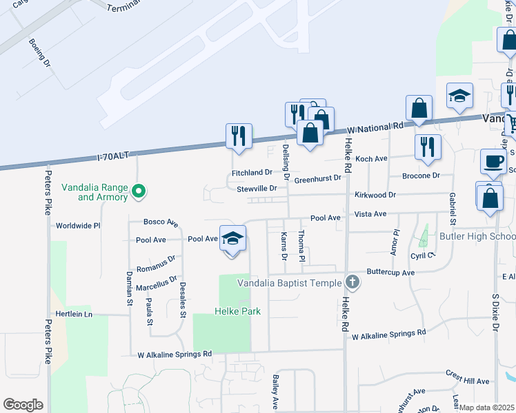 map of restaurants, bars, coffee shops, grocery stores, and more near 870 Continental Court in Vandalia