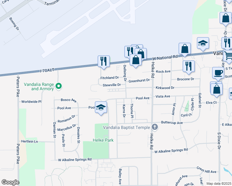 map of restaurants, bars, coffee shops, grocery stores, and more near 818 Continental Court in Vandalia