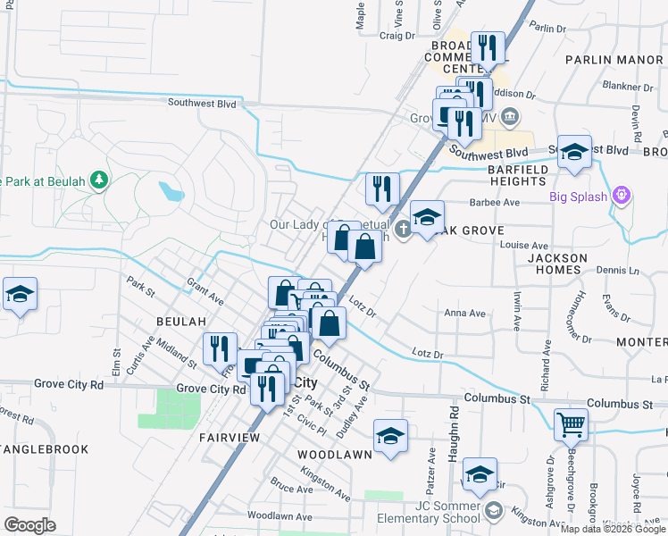 map of restaurants, bars, coffee shops, grocery stores, and more near 3330 Burr Oak Drive in Grove City