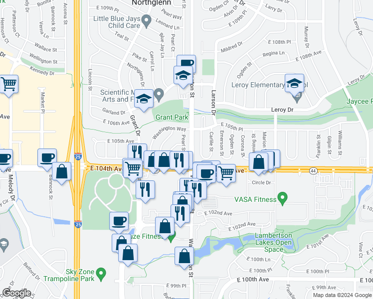 map of restaurants, bars, coffee shops, grocery stores, and more near 10466 Pearl Street in Northglenn