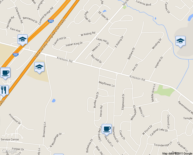 map of restaurants, bars, coffee shops, grocery stores, and more near 1380 Bunker Hill Drive in Cherry Hill