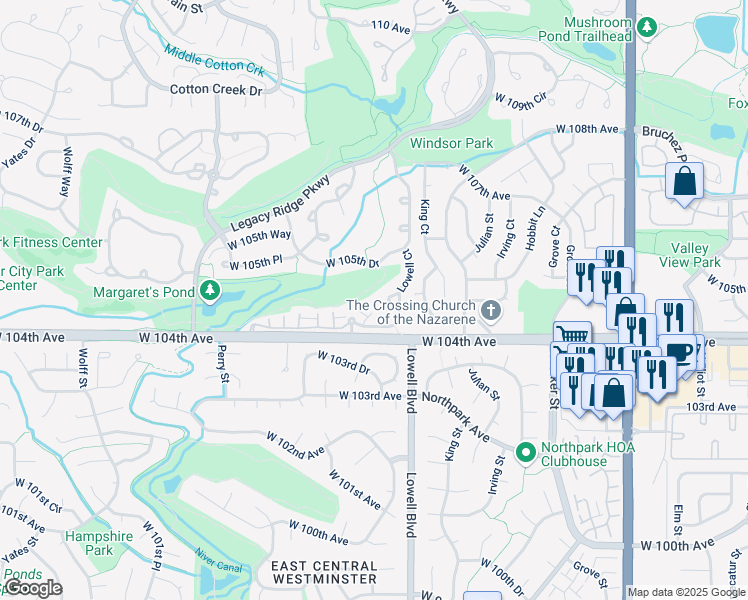 map of restaurants, bars, coffee shops, grocery stores, and more near 10467 Lowell Court in Westminster