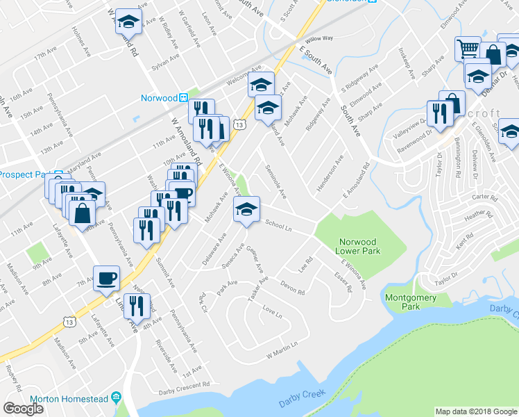 map of restaurants, bars, coffee shops, grocery stores, and more near 222 East Winona Avenue in Norwood