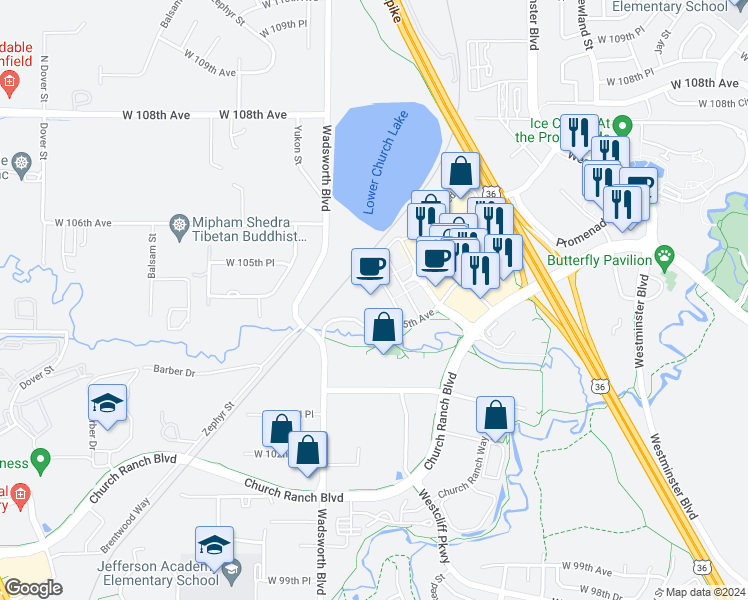 map of restaurants, bars, coffee shops, grocery stores, and more near 10445 Reed Street in Westminster