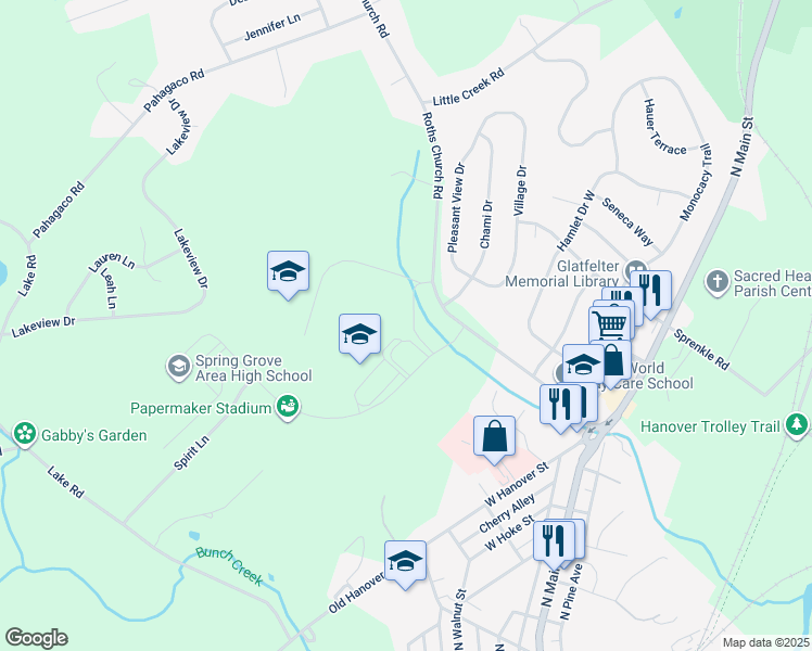 map of restaurants, bars, coffee shops, grocery stores, and more near 6417 Church Road in Spring Grove