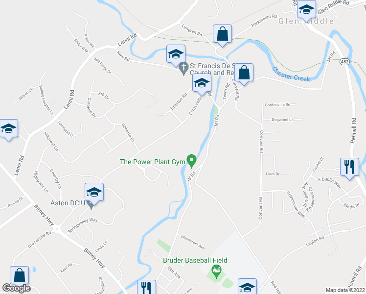 map of restaurants, bars, coffee shops, grocery stores, and more near 324 Crozerville Road in Aston