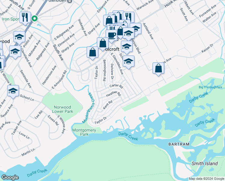 map of restaurants, bars, coffee shops, grocery stores, and more near 2056 Heather Road in Folcroft
