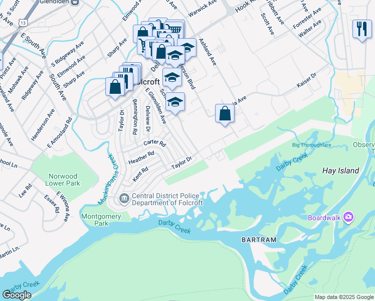 map of restaurants, bars, coffee shops, grocery stores, and more near 989 Grant Road in Folcroft