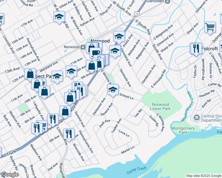 map of restaurants, bars, coffee shops, grocery stores, and more near 506 Delaware Avenue in Norwood