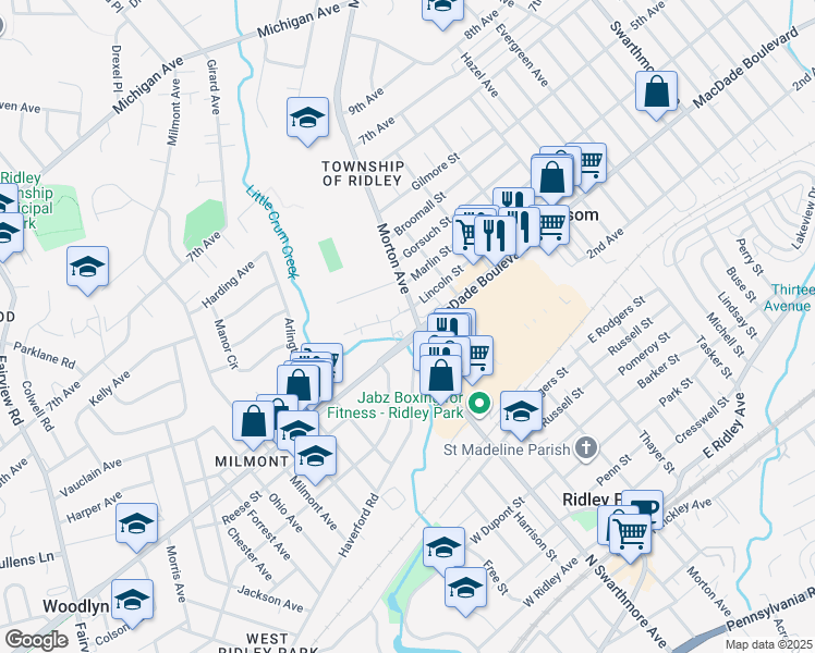 map of restaurants, bars, coffee shops, grocery stores, and more near 101 MacDade Boulevard in Folsom