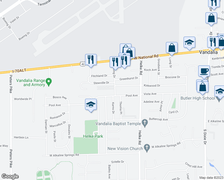 map of restaurants, bars, coffee shops, grocery stores, and more near 810 Continental Court in Vandalia