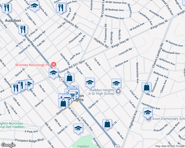 map of restaurants, bars, coffee shops, grocery stores, and more near 30 2nd Avenue in Haddon Heights