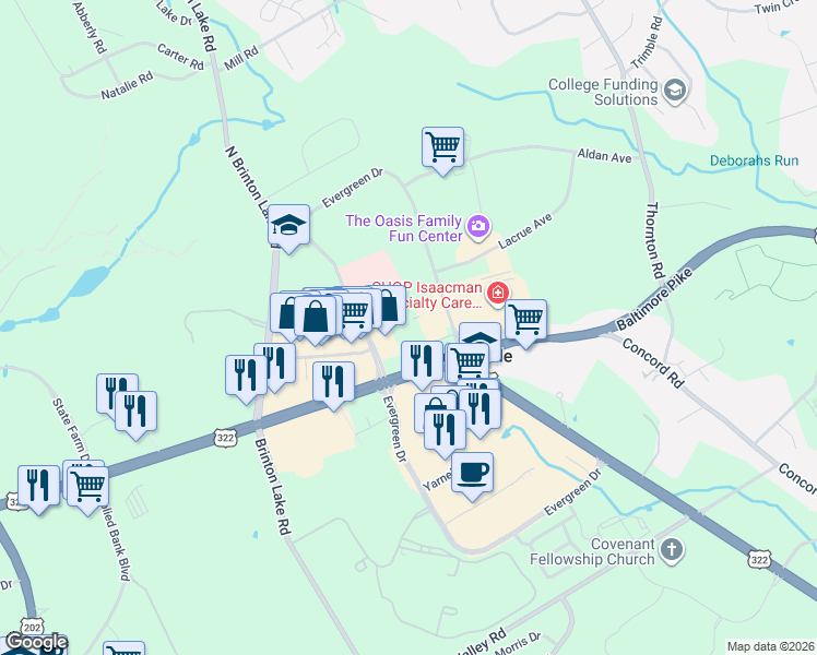 map of restaurants, bars, coffee shops, grocery stores, and more near 29 Regency Plaza in Glen Mills