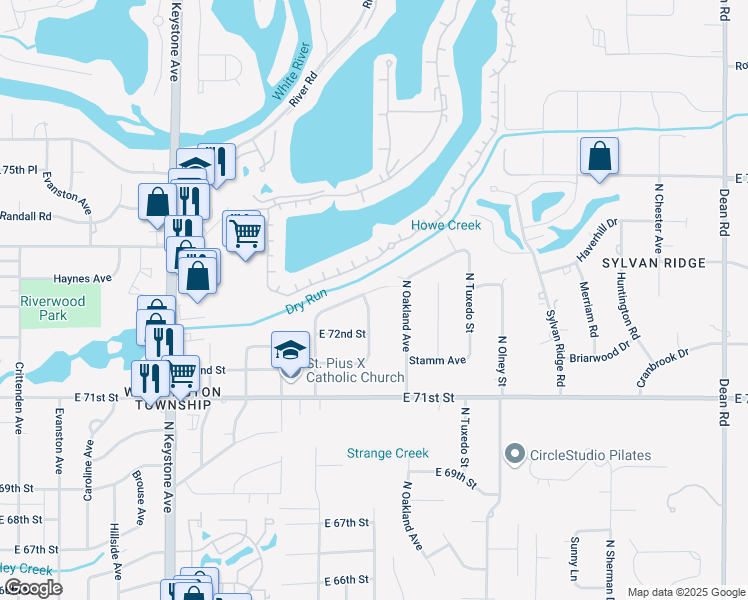 map of restaurants, bars, coffee shops, grocery stores, and more near 7237 North Parker Avenue in Indianapolis