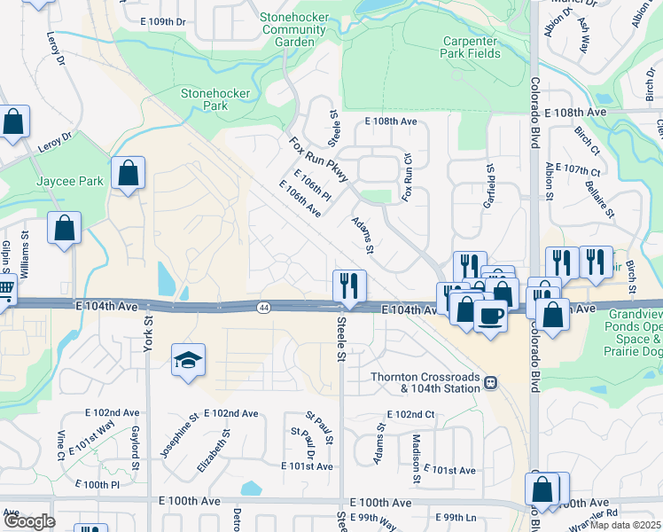 map of restaurants, bars, coffee shops, grocery stores, and more near 2535 East 104th Avenue in Thornton