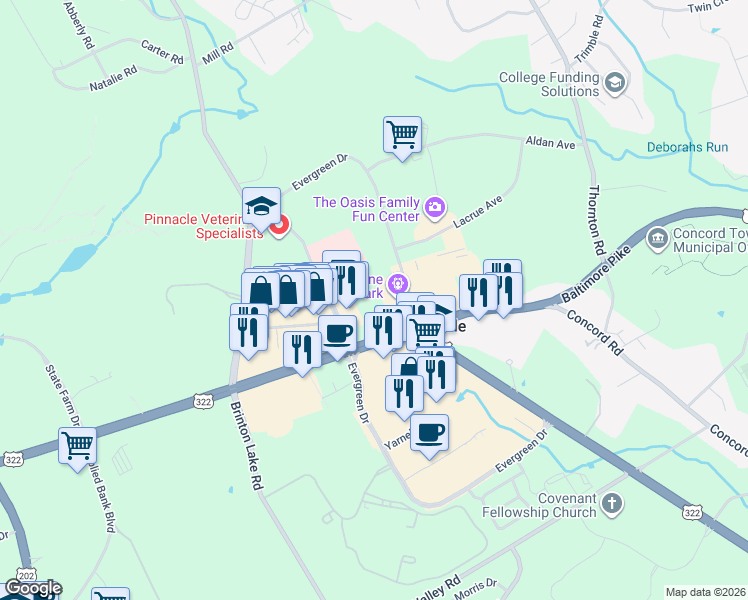 map of restaurants, bars, coffee shops, grocery stores, and more near 38 Regency Plaza in Glen Mills