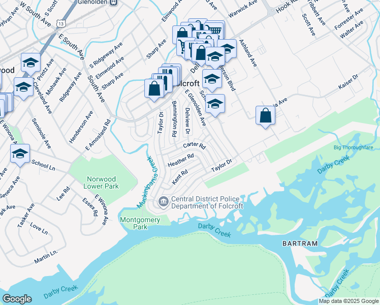 map of restaurants, bars, coffee shops, grocery stores, and more near 2058 Heather Road in Folcroft