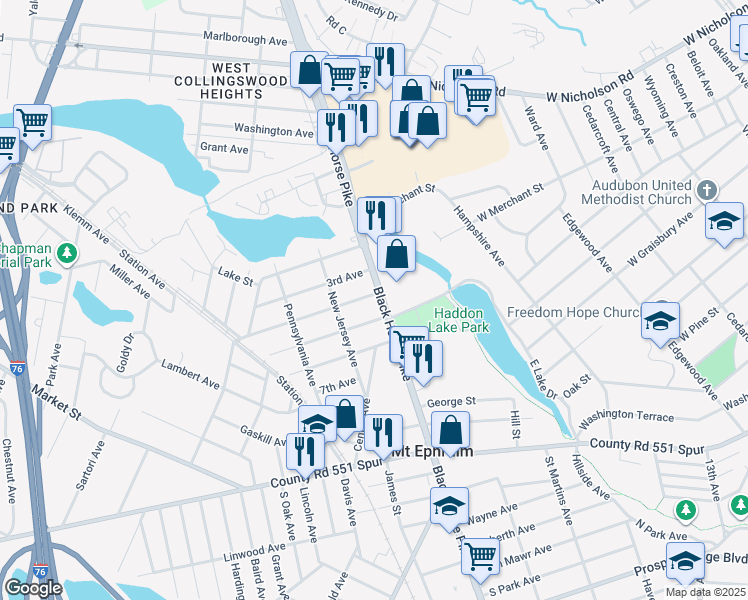map of restaurants, bars, coffee shops, grocery stores, and more near 519 North Black Horse Pike in Mount Ephraim