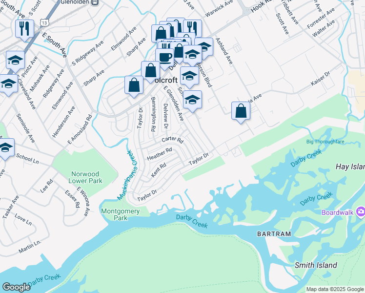 map of restaurants, bars, coffee shops, grocery stores, and more near 1925 Carter Road in Folcroft