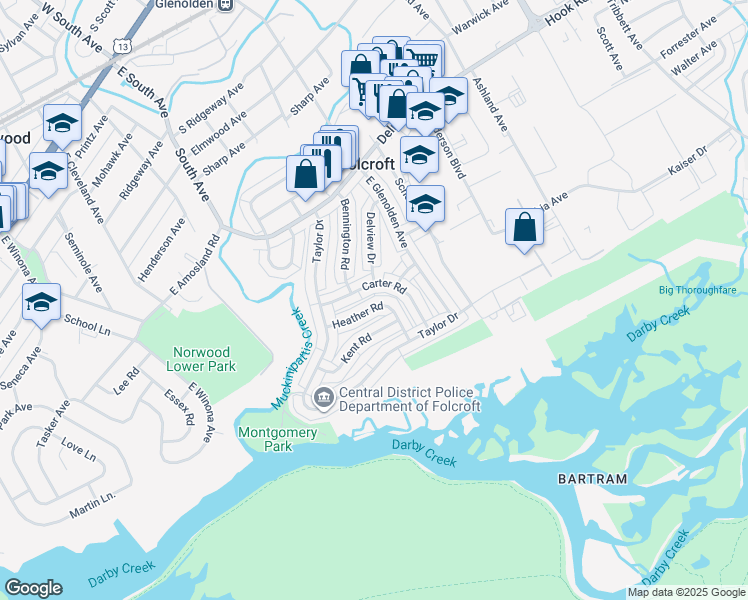 map of restaurants, bars, coffee shops, grocery stores, and more near 2056 Heather Road in Folcroft