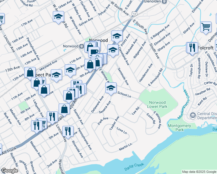 map of restaurants, bars, coffee shops, grocery stores, and more near 506 Delaware Avenue in Norwood
