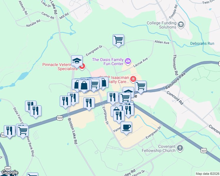 map of restaurants, bars, coffee shops, grocery stores, and more near 29 Regency Plaza in Glen Mills