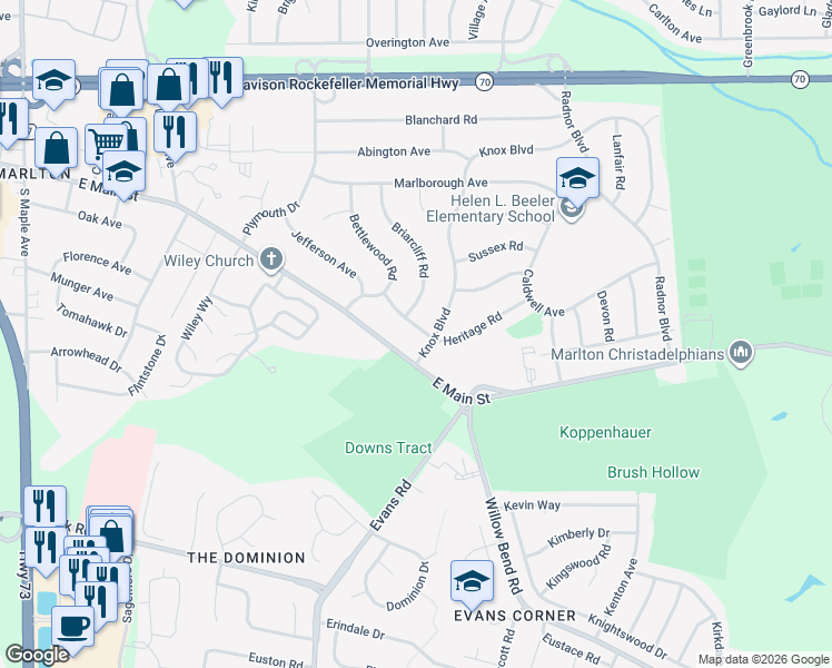 map of restaurants, bars, coffee shops, grocery stores, and more near 16 Heritage Road in Evesham