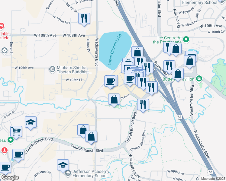 map of restaurants, bars, coffee shops, grocery stores, and more near 10445 Reed Street in Westminster