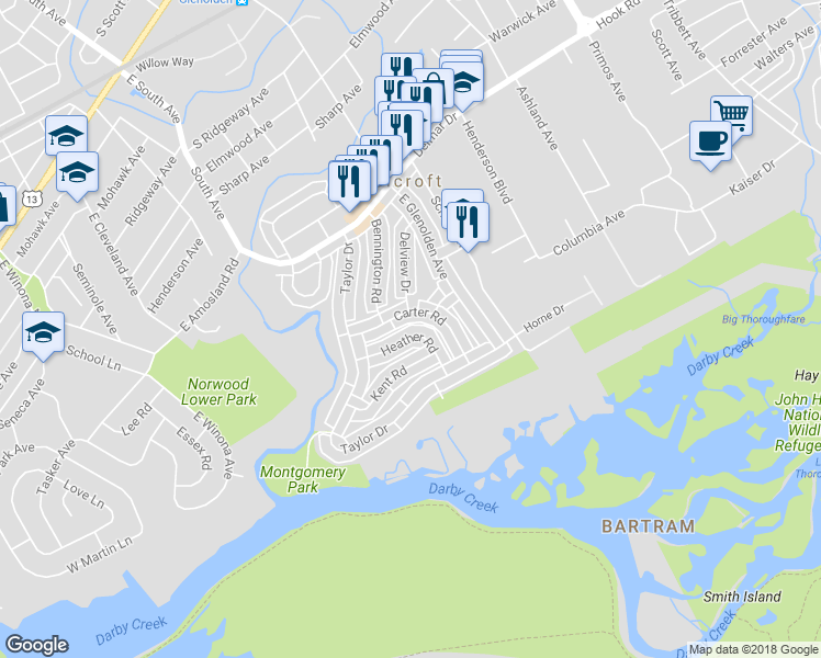map of restaurants, bars, coffee shops, grocery stores, and more near 2058 Heather Road in Folcroft