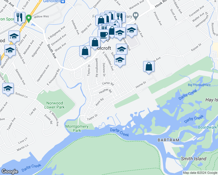 map of restaurants, bars, coffee shops, grocery stores, and more near 2072 Heather Road in Folcroft