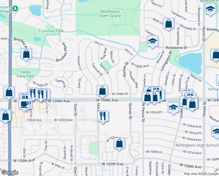 map of restaurants, bars, coffee shops, grocery stores, and more near 10463 Sperry Street in Northglenn