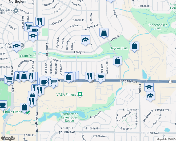 map of restaurants, bars, coffee shops, grocery stores, and more near 10476 Humboldt Street in Northglenn