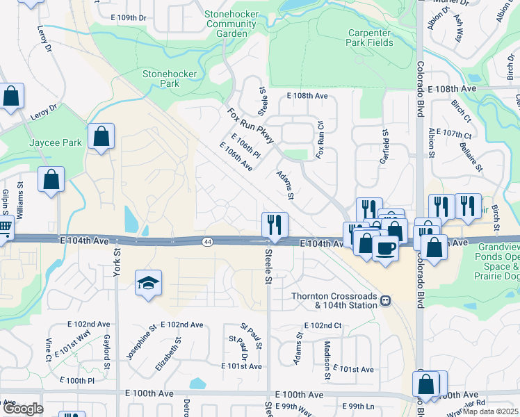 map of restaurants, bars, coffee shops, grocery stores, and more near 2535 East 104th Avenue in Thornton