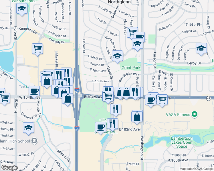 map of restaurants, bars, coffee shops, grocery stores, and more near 10467 Grant Street in Northglenn