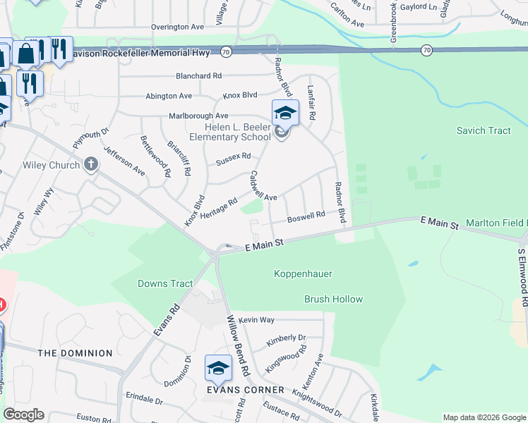 map of restaurants, bars, coffee shops, grocery stores, and more near 35A Caldwell Avenue in Evesham