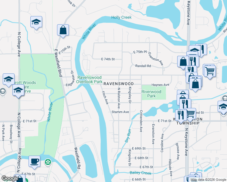map of restaurants, bars, coffee shops, grocery stores, and more near 1530 Haynes Avenue in Indianapolis