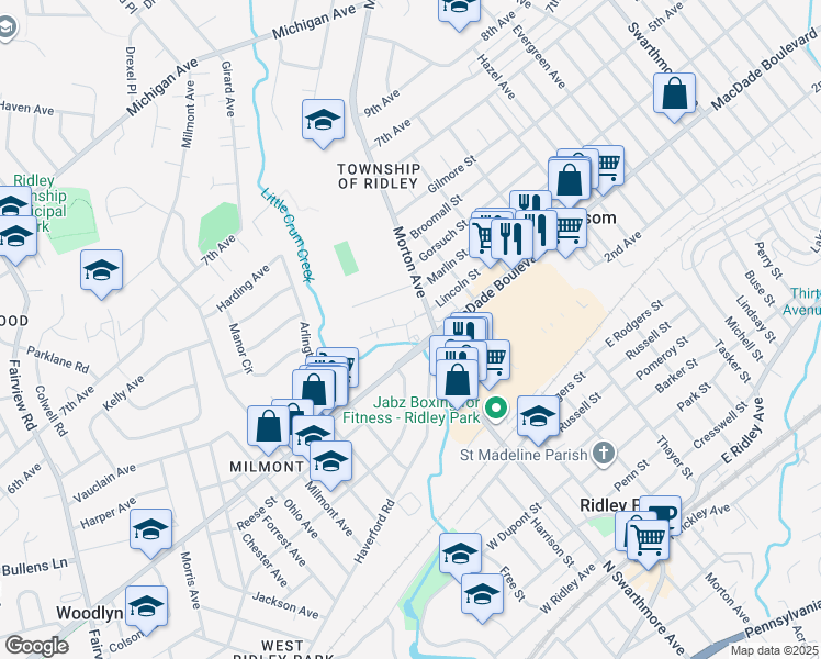 map of restaurants, bars, coffee shops, grocery stores, and more near 111 MacDade Boulevard in Folsom