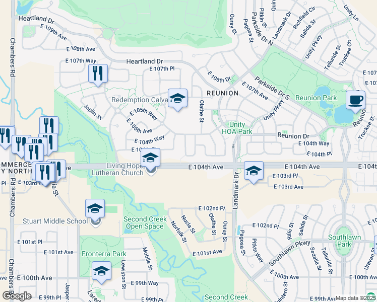 map of restaurants, bars, coffee shops, grocery stores, and more near 10442 Norfolk Court in Commerce City