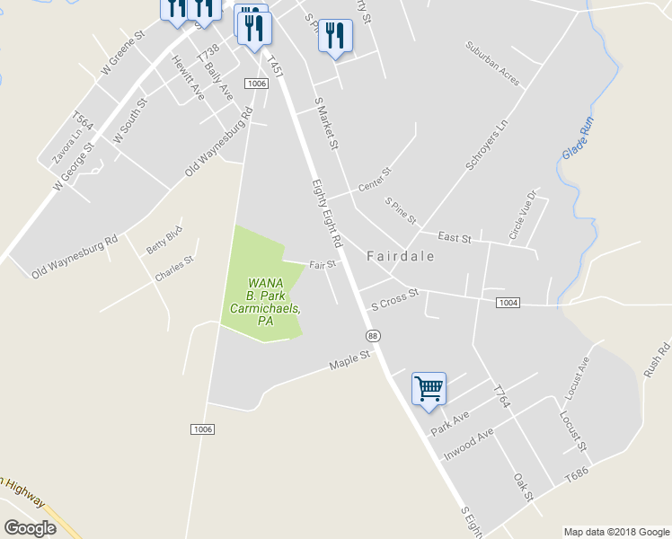 map of restaurants, bars, coffee shops, grocery stores, and more near 441 Pennsylvania 88 in Carmichaels