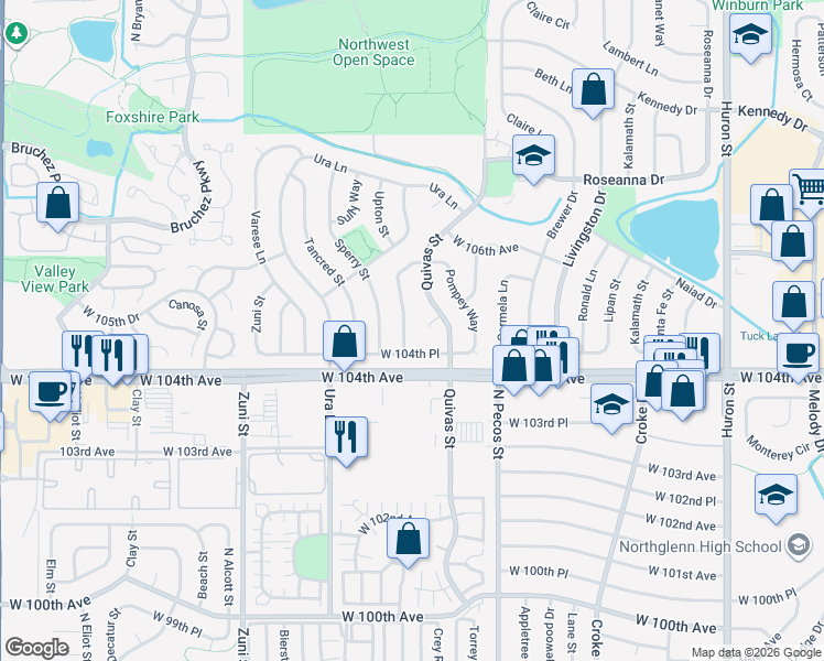 map of restaurants, bars, coffee shops, grocery stores, and more near 10470 Romblon Way in Northglenn