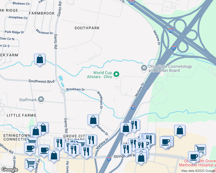 map of restaurants, bars, coffee shops, grocery stores, and more near 3750 Brookham Drive in Grove City