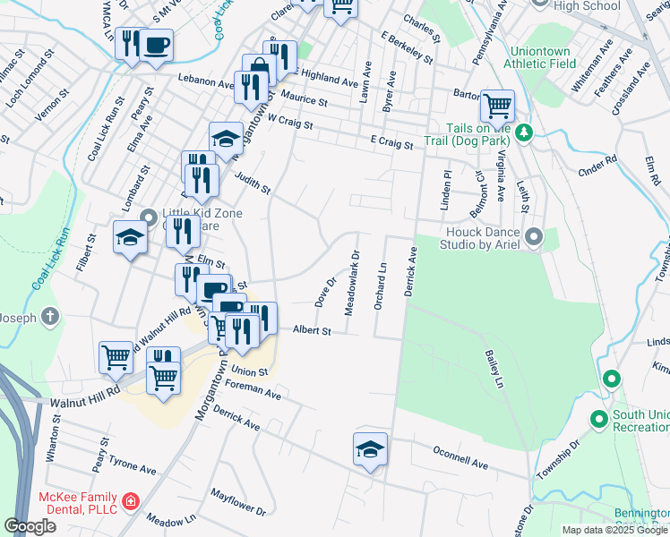 map of restaurants, bars, coffee shops, grocery stores, and more near 402 Dove Drive in Uniontown